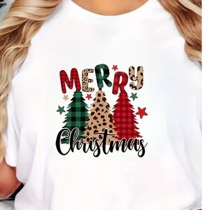 Merry Christmas & three Christmas trees with buffalo plaid and leopard Tshirt